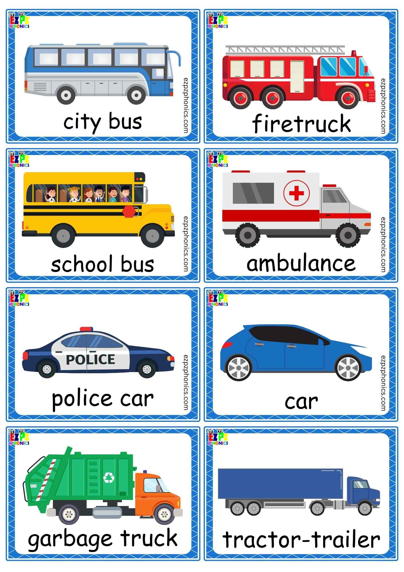 My First English Words for Land Transport - Mini Flashcards (Free PDF Download)